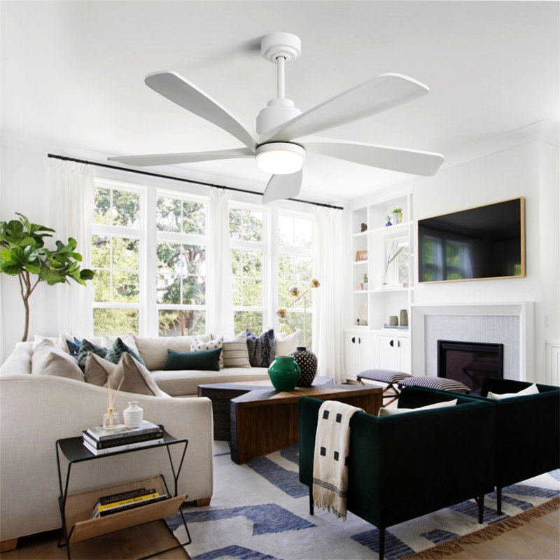 Ventilateur de plafond 52 pouces avec lumière DEL à intensité variable et 5 pales en bois massif, Blanc, Gris, 3