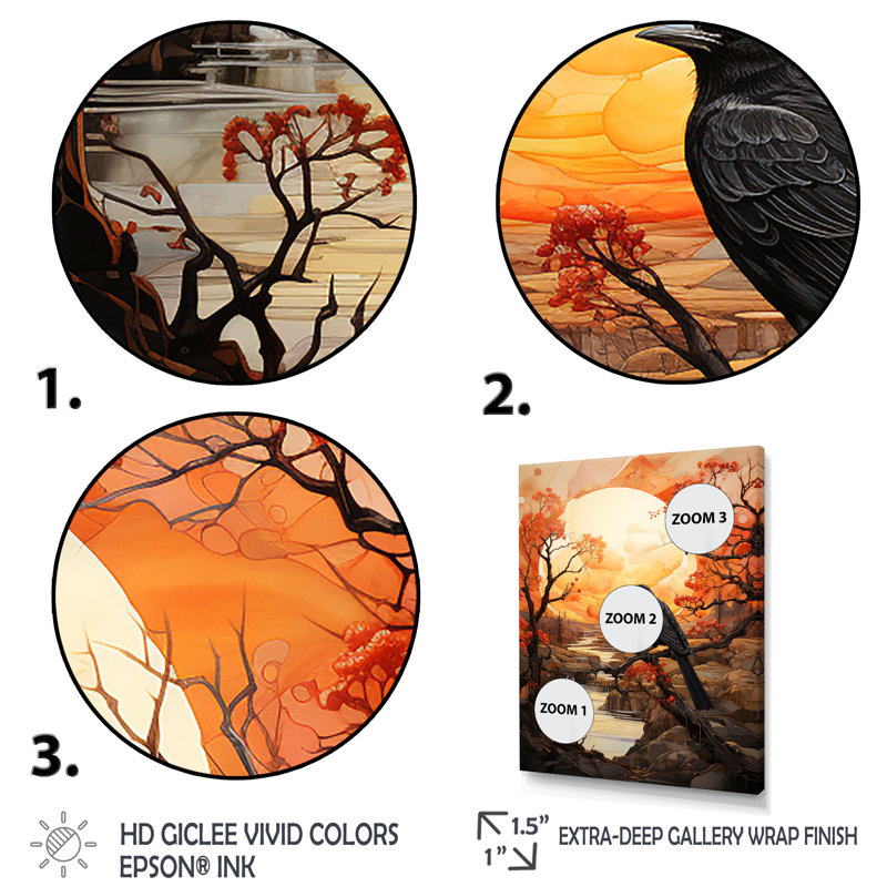Décoration murale oiseau oiseau silhouette lune - animaux, H 32 po x l 24 po x P 1 po, Toile tendue