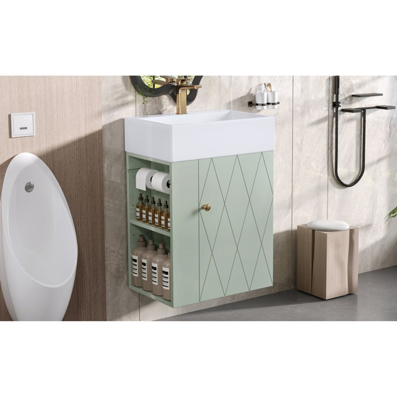 Meuble-lavabo compact avec lavabo en céramique, panneau de fibres à densité moyenne vert et bois, solution pour petits espaces