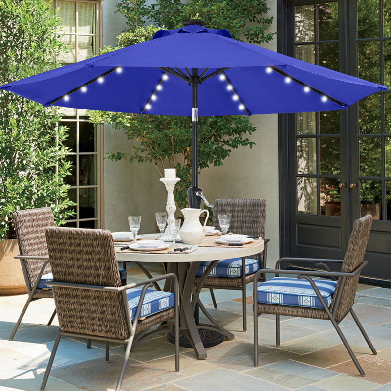 Cutshall Solar LED Market Umbrella with Tilt and Crank Lift, Blue, 9'