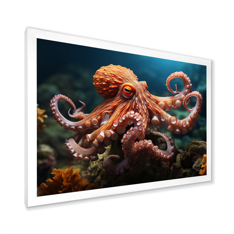 Corail Octopus Serene submersion II - pieuvre, art mural, Cadre simple blanc, H 34 po x l 44 po x P 1,5 po