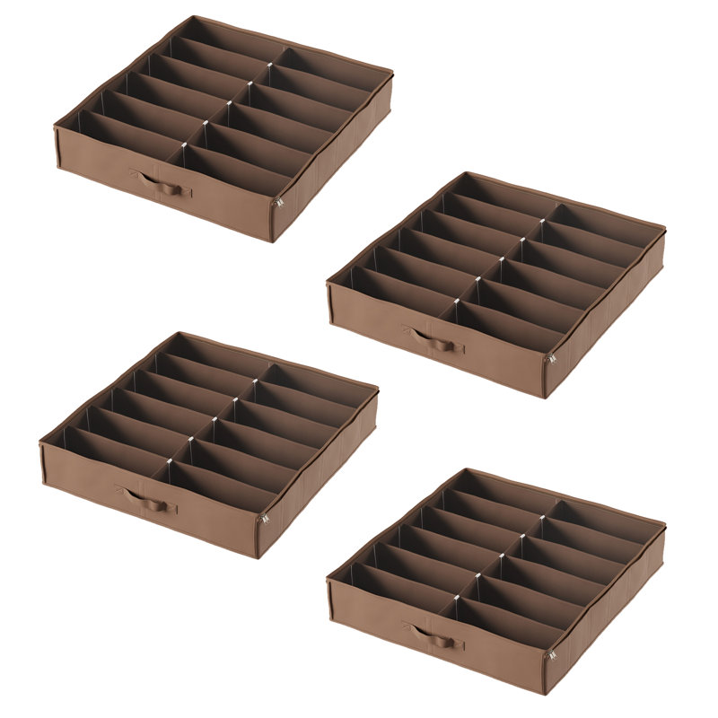 Everyday Home Under Bed Shoe Storage – Set of 4 Shoe Organizers with Clear Plastic Zippered Cover – Holds 12 Pairs of Shoes (Brown)