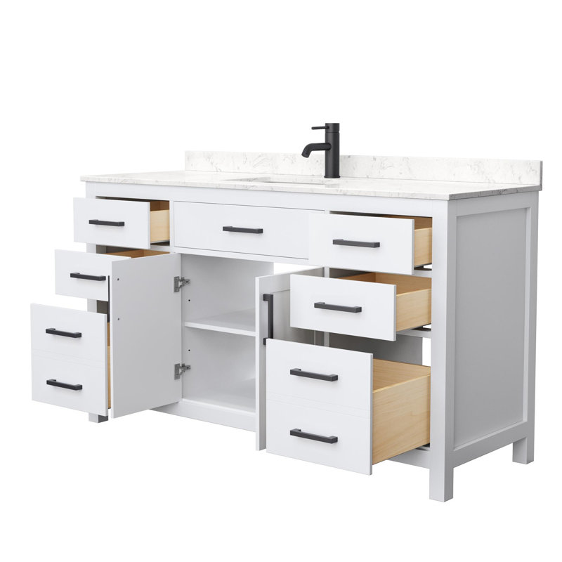 Beckett 60" Freestanding Single Bathroom Vanity with Cultured Marble Top, White, Carrara Cultured Marble, Matte Black