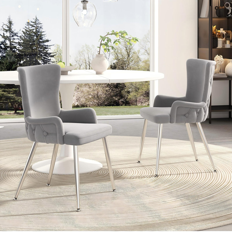 Velvet Upholstered Metal Armchair, 2, Silver, Grey