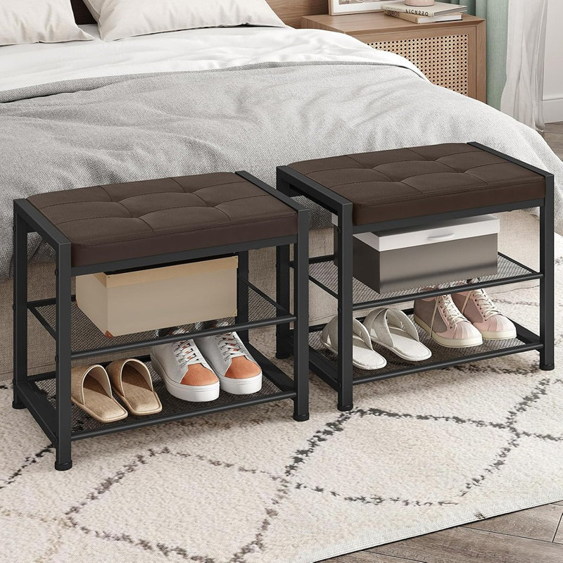 Banc à chaussures à 3 niveaux avec siège à coussin en polyuréthane, tablettes en maille métallique, range-chaussures autoportant pour hall d'entrée, brun