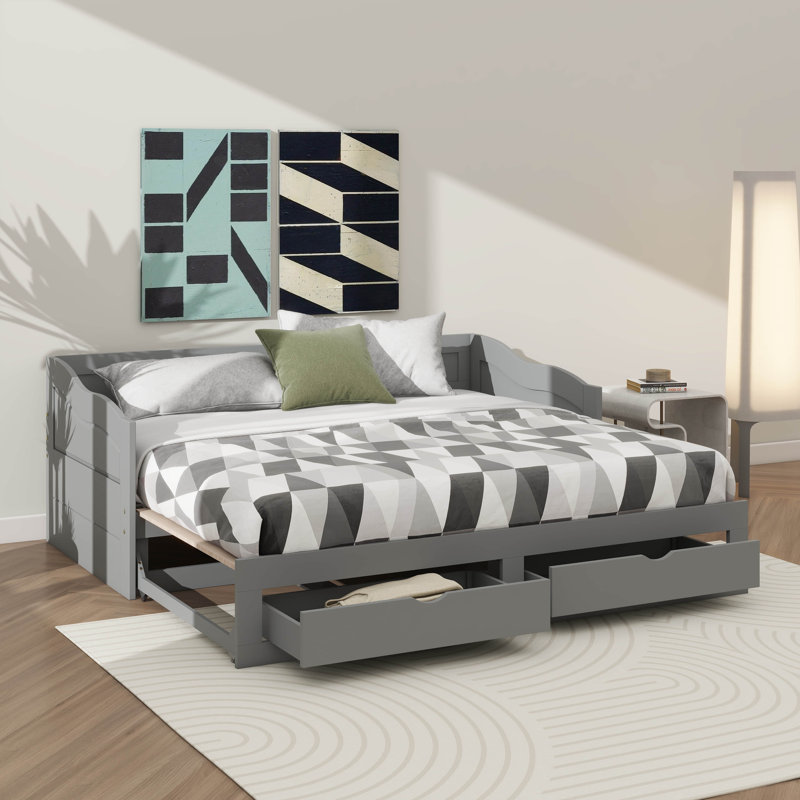 Wooden Twin Daybed With Pull-Out Trundle And Dual Storage Compartments, Extendable Daybed Structure, Gray