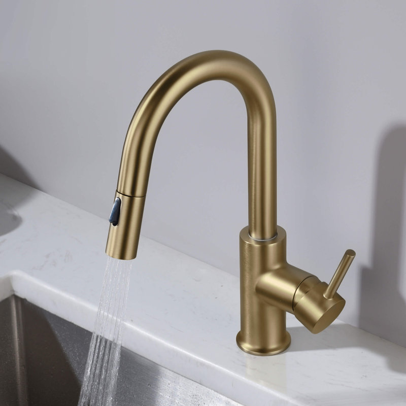 Luxe Pull Down Single Handle Kitchen Faucet with Accessories, Brushed Brass
