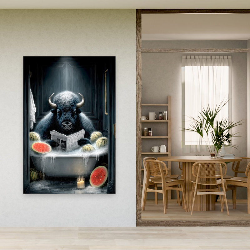 Bison Bath Time Surreal Whimsical Contemporary Bison Animal Fruit Wall Art Print 1 Piece Wrapped Canvas Wall Art