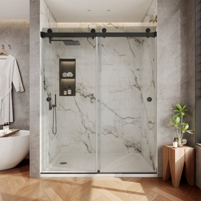 Porte de douche sans cadre Sola l 62 "-67" x H 76 ", porte de douche coulissante double en noir mat, verre trempé clair certifié par la GSC de 3/8" (10mm) avec 2 poignées