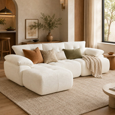Canapé modulaire en forme de L de 115 po Schum, canapé en chenille 3 places avec dossier incurvé en corne et repose-pieds, revêtement capitonné sans bouton, accoudoirs larges, aucun assemblage requis, pour le salon