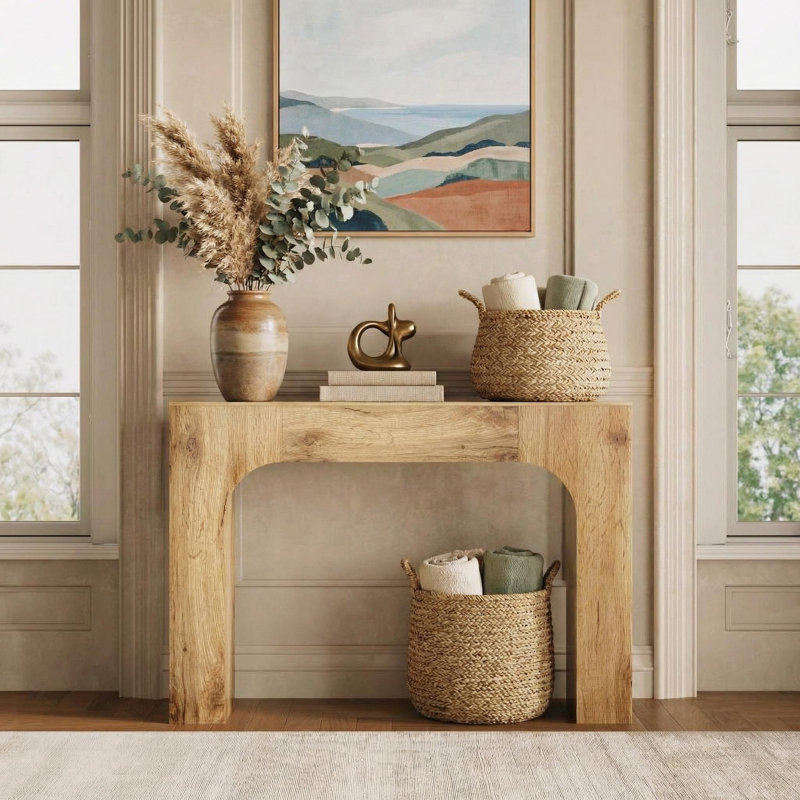 Console Farmhouse, longue table d'entrée en bois derrière le canapé, H 32,87 po x l 47,24 po x P 11,61 po, Bois de chêne