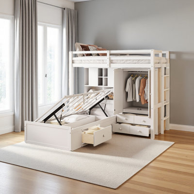 Twin Bunk Bed With Drawers, Wardrobe, Storage Shelves And Hydraulic Bed by Harriet Bee