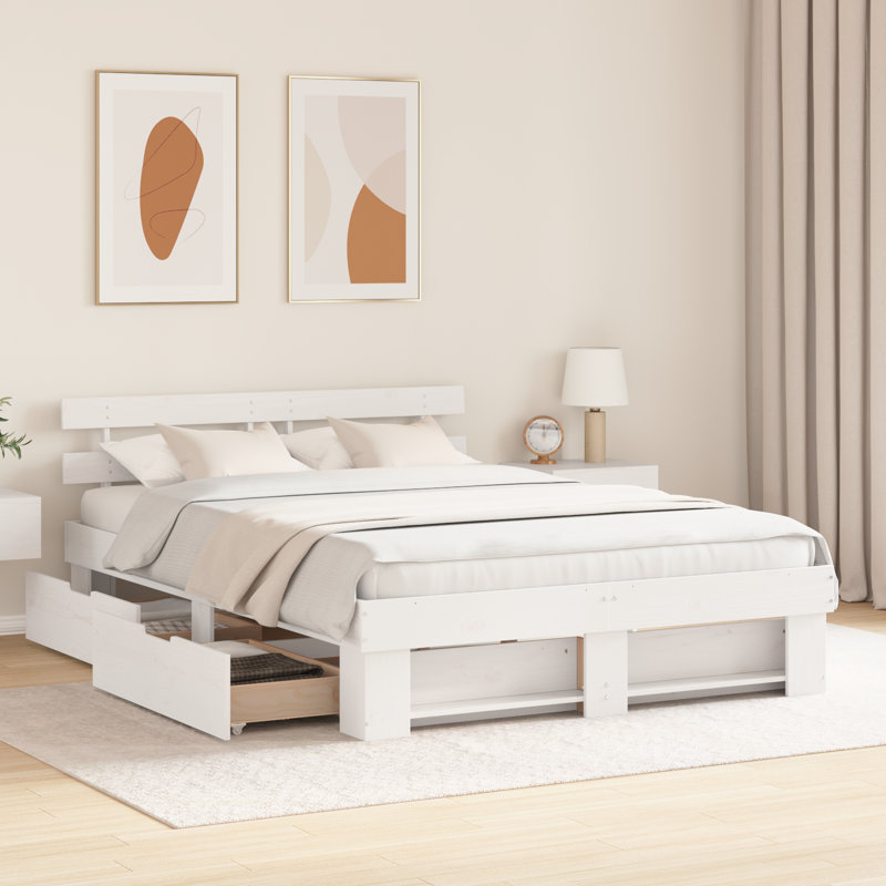 Bed Frame with Headboard Solid Pine Wood, Brown, Kingsize (5')