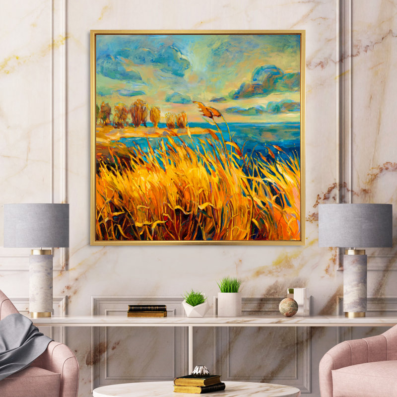 «Vibrant Sunset over Lake», peinture sur toile, H 30 po x l 30 po x P 1 po, Cadre flottant doré