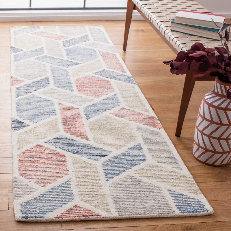 Milesburg Precious Hand Tufted Wool/Cotton Geometric Rug in Blue/Rust, Runner 2'6" x 8'