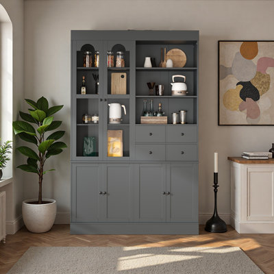 Freestanding Buffet With Hutch, 75" Tall Kitchen Pantry Cabinet With 4 Drawers, Glass Doors & Pull-out Trays, Shaker Style Storage For Dining Room, Li by Wildon Home