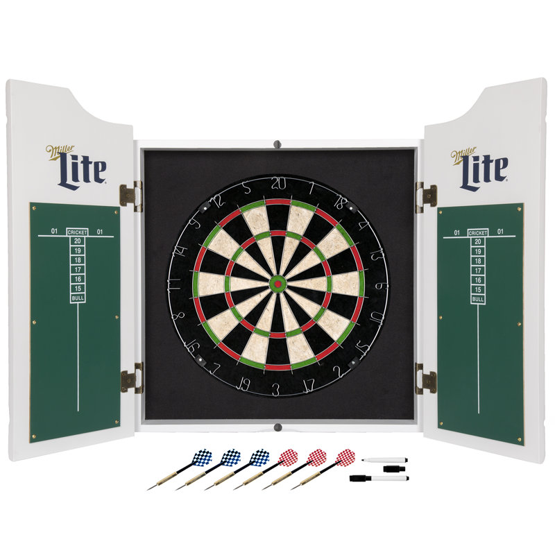 Miller Lite Vintage White Wood Dartboard Cabinet Set
