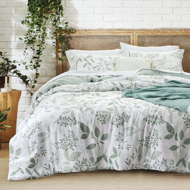 Ensemble d'édredon Literie Floral, Feuilles vertes sauge, Édredon double + 2 taies décoratives standards