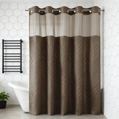 No Hook Shower Curtain And Liner Set With Snap-In Liner Replacement, Tufted Striped Textured Fabric, Boho Style With See-Through Top Window, Waterproof And Easy To Install