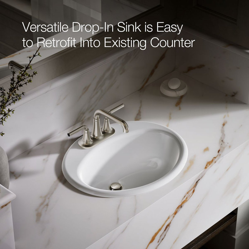 Farmington Metal Oval Drop-In Bathroom Sink with Overflow, White, 4" Center