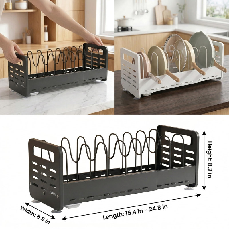 Organisateur de casseroles et poêles à placer sous un meuble, range-couvercles extensible, support robuste et réglable avec bac récupérateur de graisse amovible, extensible de 39 à 63 cm, idéal pour les armoires et les plans de travail de la cuisine (noir).