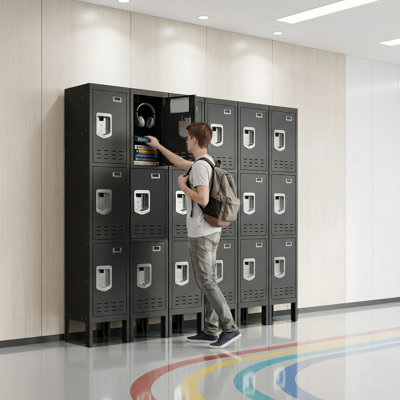 3-Door Steel Storage Locker with Mirror & Hooks - Classic-Style Cabinet for Multiple Users in Office, School & Gym (Black, Red, Gray, Blue)