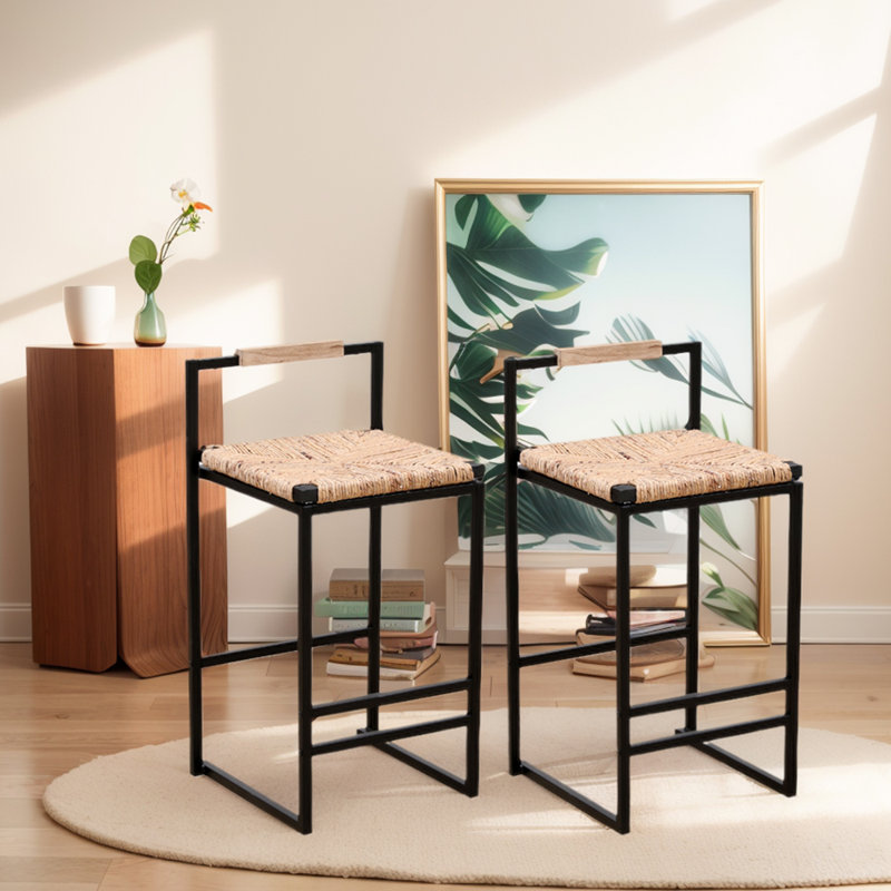 Upholstered Counter Stool with Metal Frame, Natural Wood