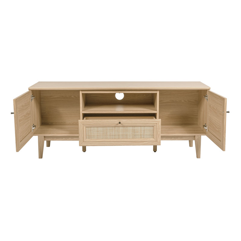 Finley 59" Mid-Century Oak Rattan TV Stand, Woven Cane Media Console with Soft-Close Cabinet Doors, Drawer & Open Entertainment Shelf