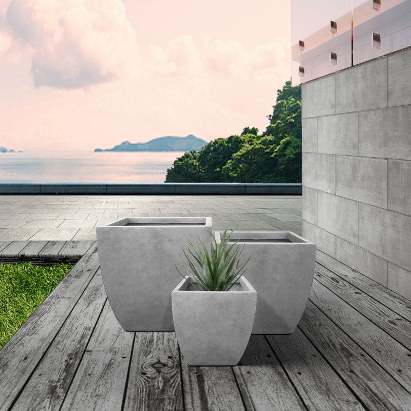 Wurster 3 Piece Square Natural Finish Lightweight Concrete and Weather Resistant Fiberglass Indoor Outdoor Planters with Drainage Holes, Large - 17.72x17.72 in., Medium - 14.96x14.96 in., Small - 10.63x10.63 in. Set