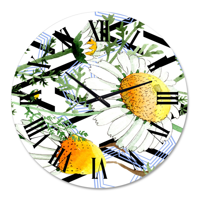Fleurs de camomille sauvages sur fond géométrique - Horloge murale traditionnelle, Grand