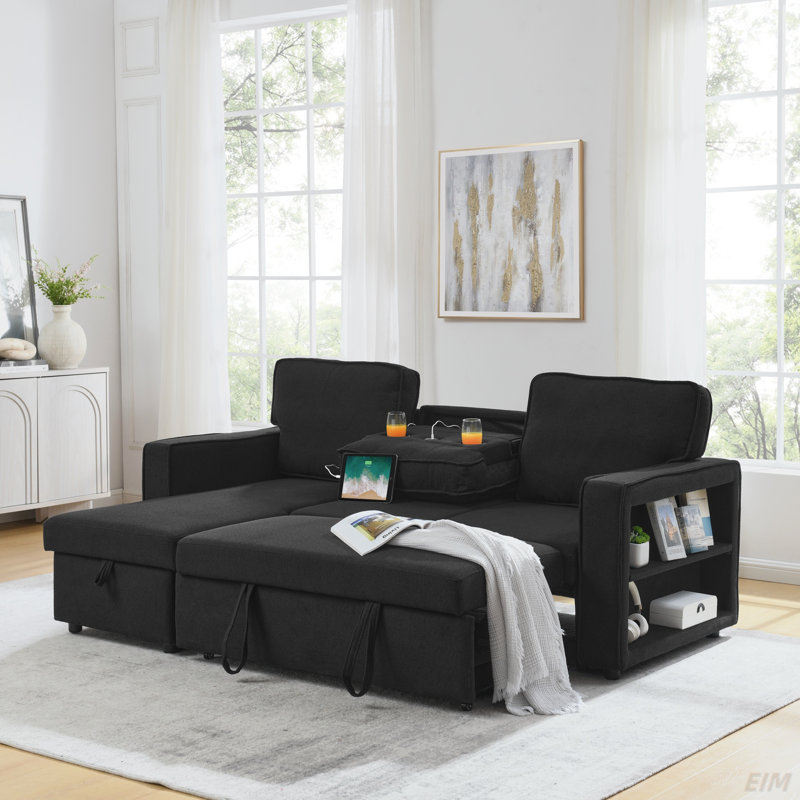 Canapé-lit modulaire en lin revêtu de tissu d'ameublement, canapé-lit modulaire convertible avec méridienne de rangement, deux porte-gobelets au centre et fonction multi-USB, canapé-lit escamotable (modulaire)