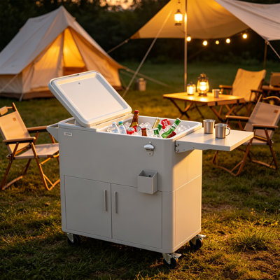 80 pte Chariot-glacière roulant gris clair avec armoire de rangement, table d'appoint pliable, rétention de glace 48 heures pour le patio et les fêtes