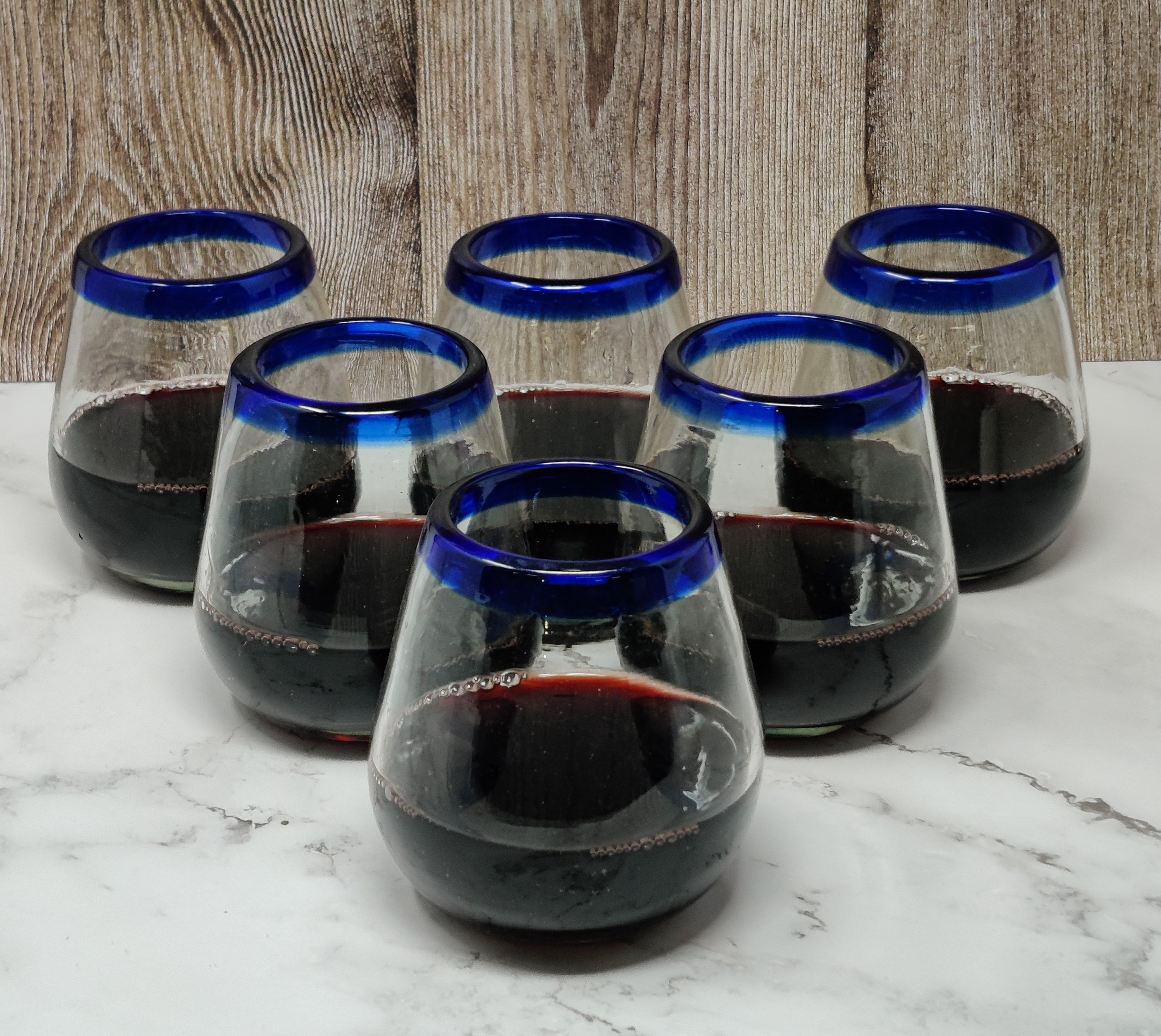 Handblown Recycled Tall Wine Glasses - Set of 6 - Cobalt Spiral