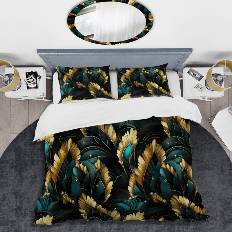 Ensemble de housse de couette en marbre Emerald And Gold Art Deco Pattern I, Housse de couette pour très grand lit et 2 très