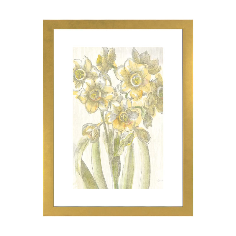 «Belle Fleur Jaune IV» par Sue Schlabach - reproduction imprimée, Blanc, H 32 po x l 24 po x P 1 po, Papier encadré doré