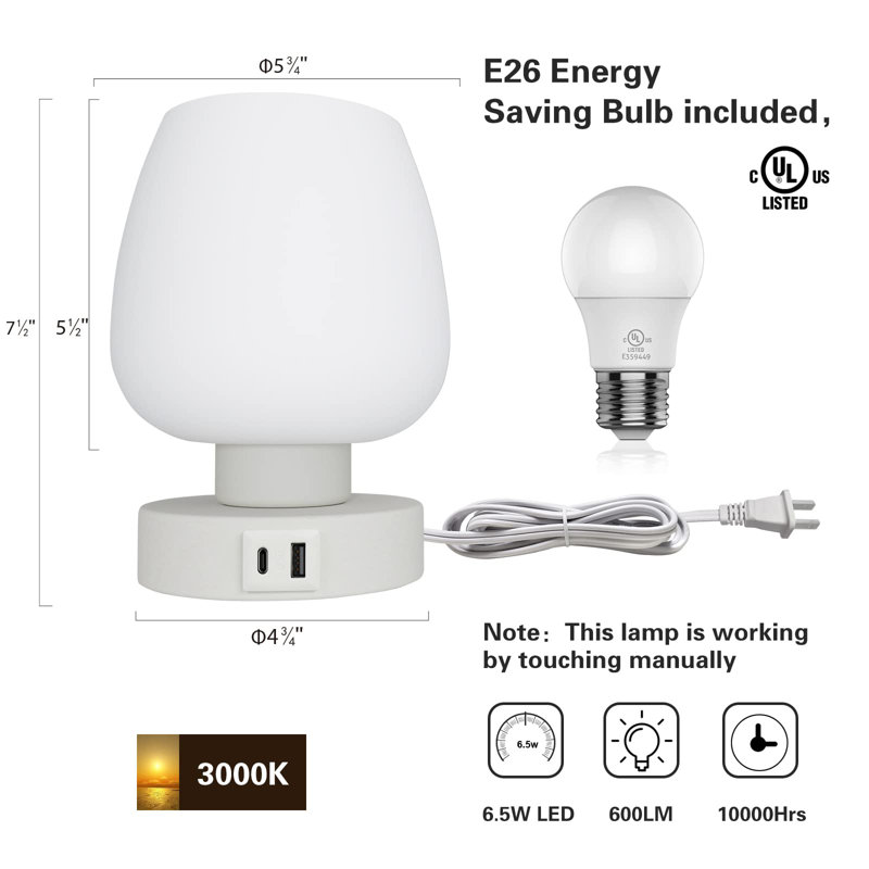 Touch Bedside Table Lamp Set Of 2 - Modern Nightstand With USB-C&A Charging, 3-Way Dimmable LED Desk Lamp, White Opal Glass Shade