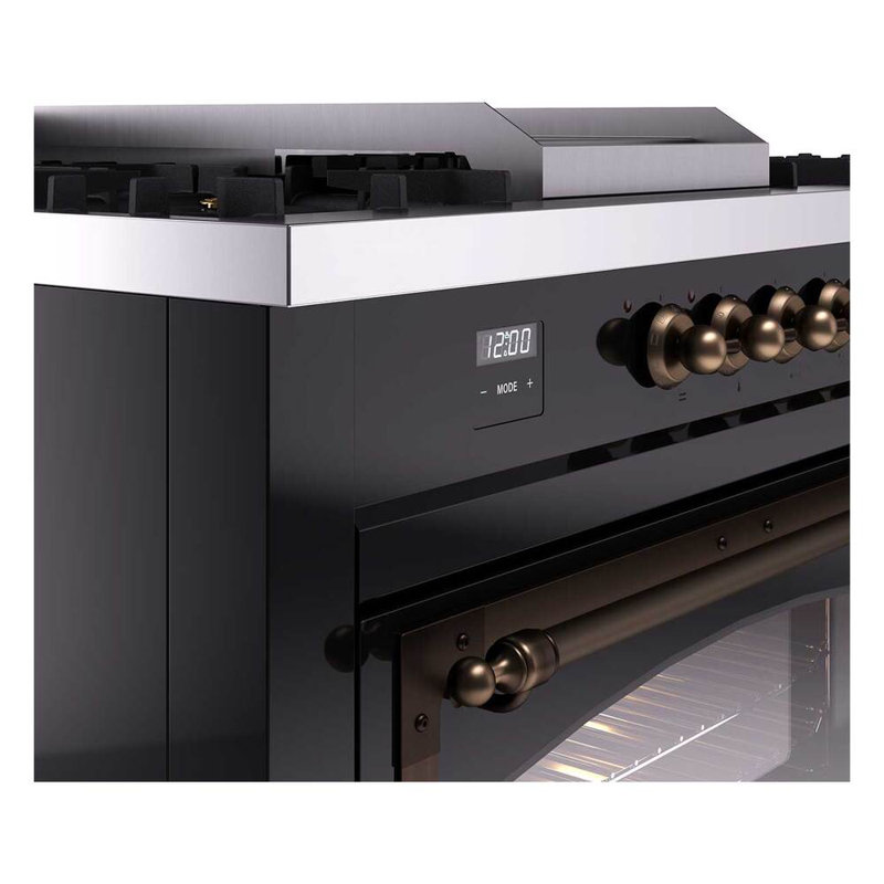 ILVE Nostalgie II Noblesse 60 in Dual Fuel Range 7 Burner, Griddle, Frenchtop, Glossy Black/Burnished, Natural Gas