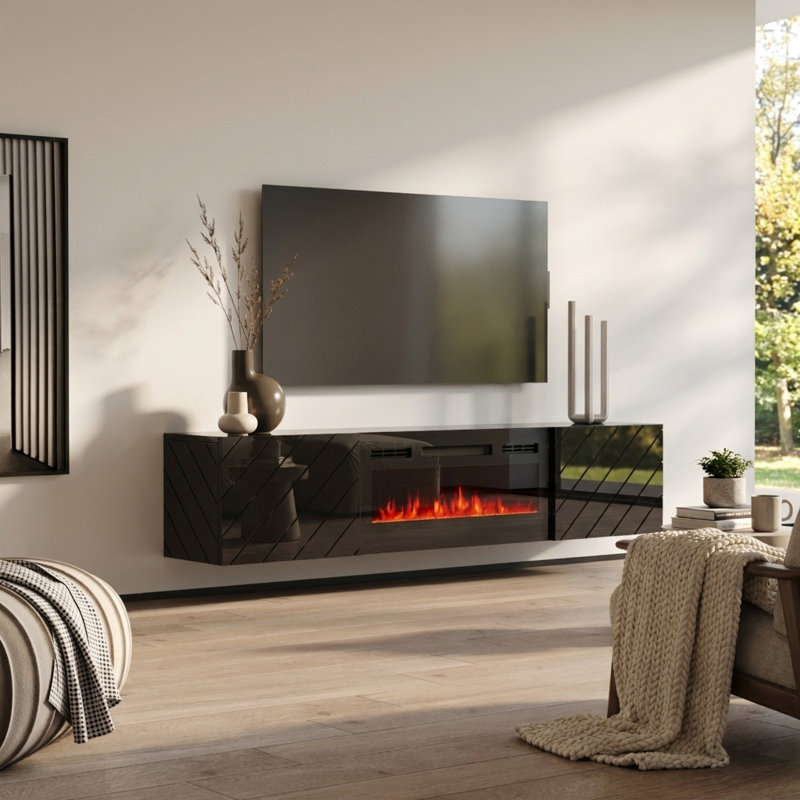 Gofried 72" Modern TV Stand with Electric Fireplace, High Gloss Finish, Wall-Mounted, Black