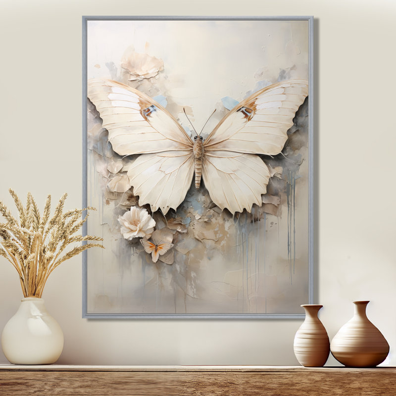 Minimalisme, papillon beige - art mural papillon, H 20 po x l 12 po x P 1 po, Encadrement argenté