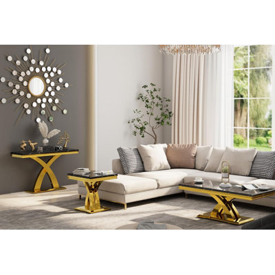 3 Piece Black And Gold Living Room Table Set