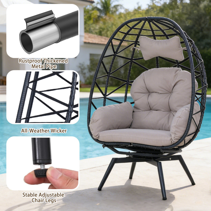 Oversized 360° Swivel Rattan Egg Chair for Adult, Indoor Outdoor Patio Large Wicker Egg Chair with Overstuffed Cushions, 500lb Weight Capacity, Natural Rattan with Cushion