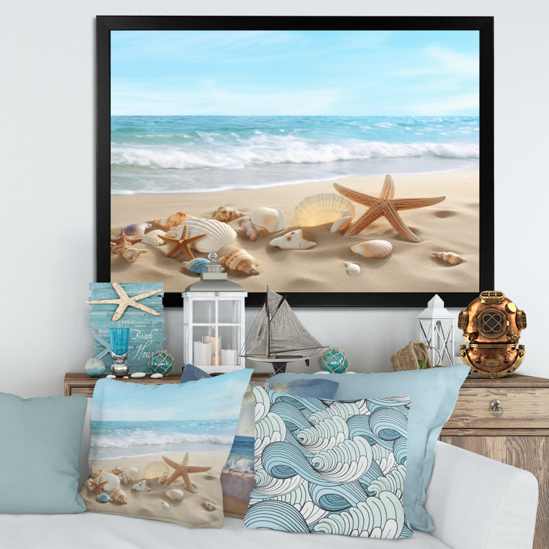 Étoile de mer et coquillages V - plage moderne, art mural sur toile, Cadre simple noir, H 12 po x l 20 po x P 1 po