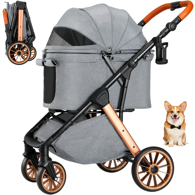 Pirecart Foldable Pet Stroller For Medium Small Dogs Cats Up To 55 Lbs, Aluminum And Carbon Steel Frame Dog Stroller, Zipperless Puppy Strollers With Cup Holder (gray)