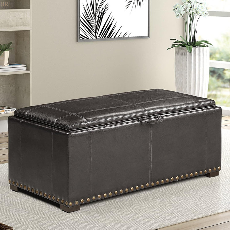 Banc de rangement en cuir avec 2 repose-pieds latéraux
