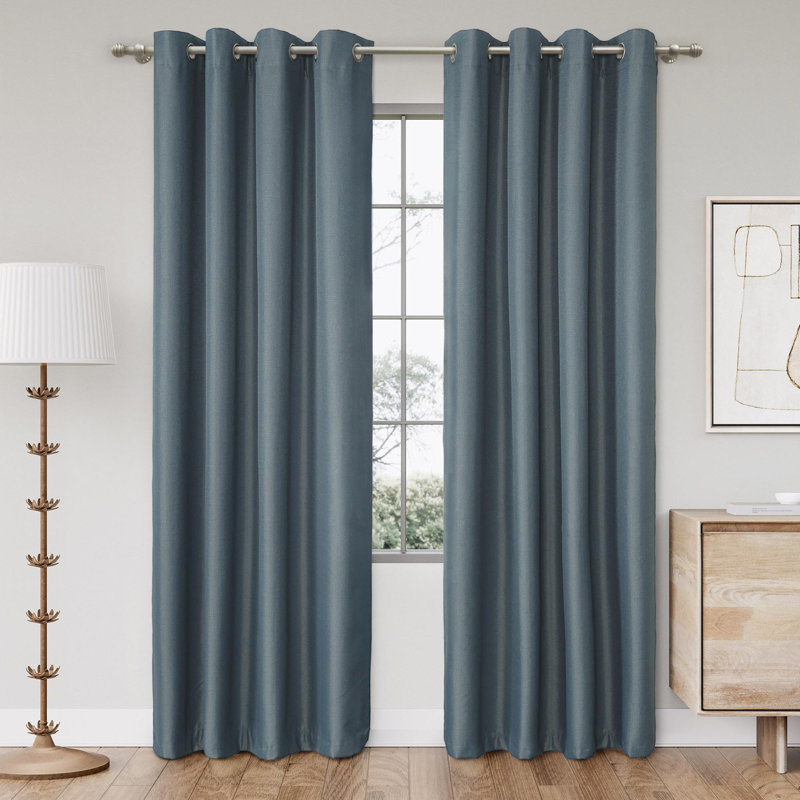 Landolfo Textured Grid 100% Blackout Grommet Curtain Pair (2 panels), 52" W x 96" L, River Blue