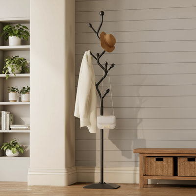 Black Tree-Shaped Metal Coat Rack, 8 Hooks For Easy Storage Of Clothes, Hats, And Scarves, Cast Iron Base For Stability, Heavy-Duty Independent Model.