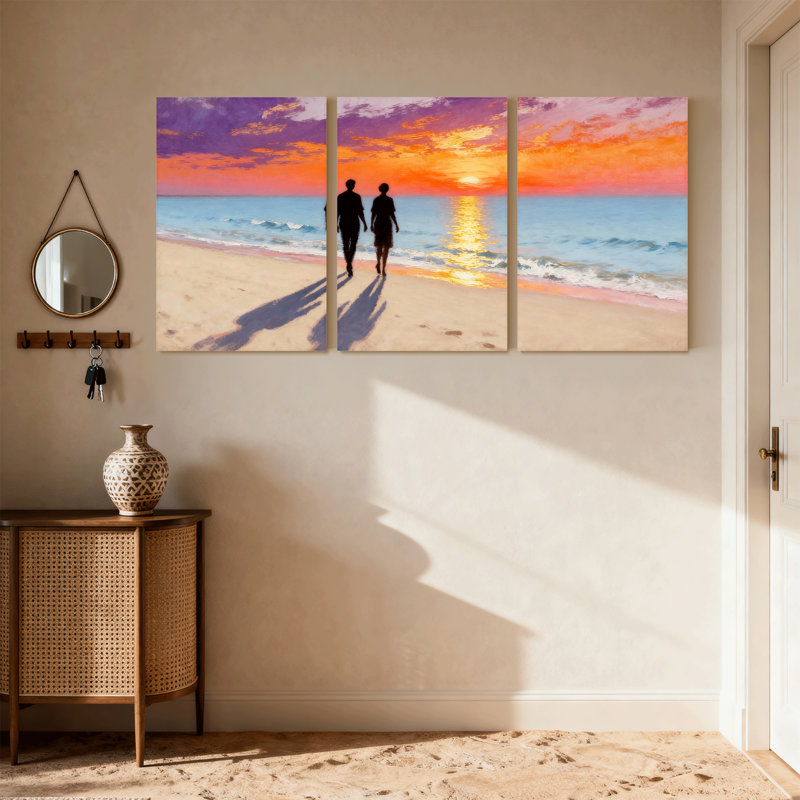 Plage, coucher de soleil, couple, silhouette, reflet, océan, ciel, couleurs, ensemble, de, 3, impressions sur toile