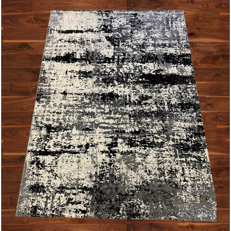 Tapis crème / noir touffeté à motif abstrait Saxmundham, Rectangle 4 pi x 6 pi