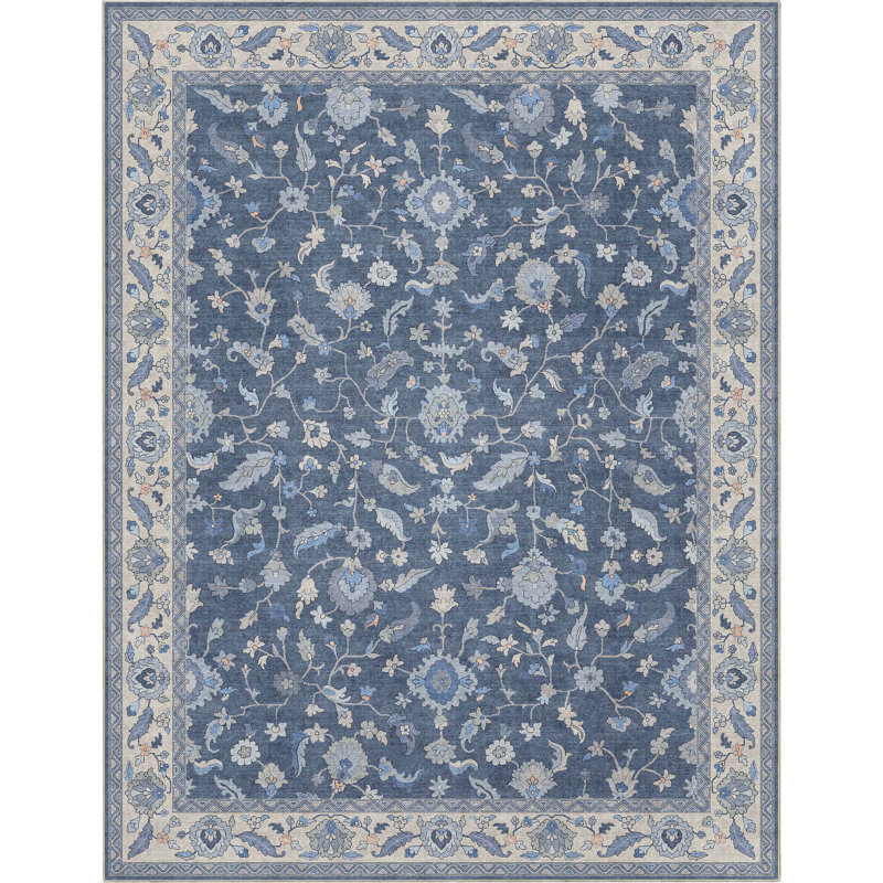 Tapis bleu foncé Bungalow Rose Adrith Mardin, Rectangle 9 pi 10 po x 13 pi