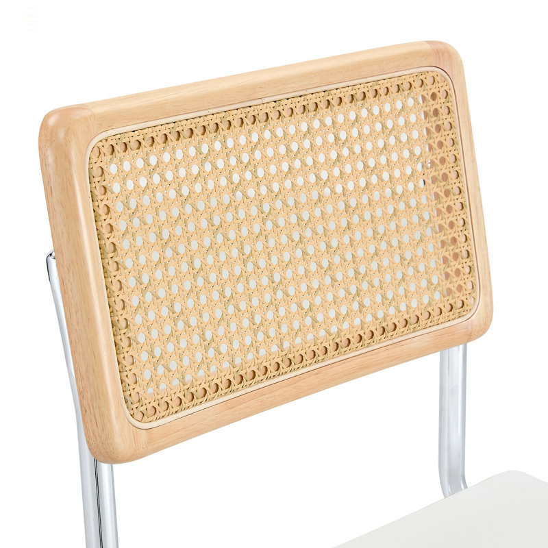Ensemble de tabourets de bar en rotin naturel 2 pièces avec dossier en bois massif de 25 pouces de style moderne et moderne, tabouret de comptoir en cuir polyuréthane blanc, pieds en métal chromé.